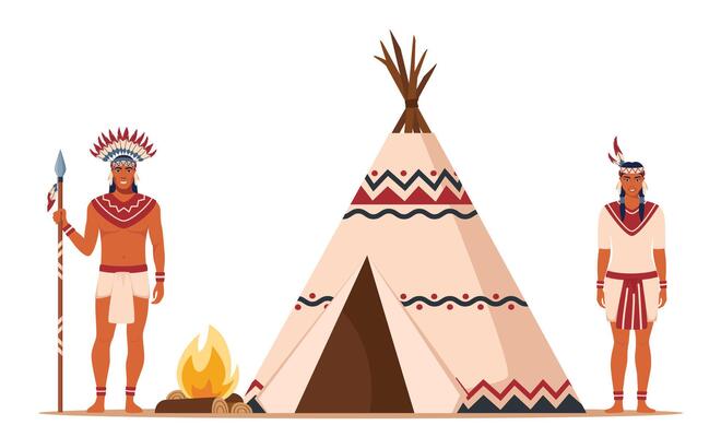 Native American Indians in Traditional Ethnic Clothes with Feathers in Their Head standing Near Tipi or wigwam. American Indians couple in traditional national costumes.