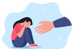 Human hand helps unhappy and sad young girl in depression sitting. Mental health concept. vector