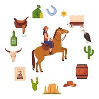 Wild West icons, set. Western and cowboy elements. Signboard, saloon door, wanted poster, sheriff badge, cactus, cow skull, cowboy hat, revolver, wagon. Texas symbols. vector