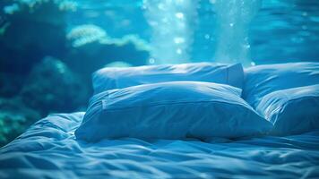 ontspannende in een knus bed terwijl omringd door de sereen blauw wereld van de oceaan met enkel en alleen de teder brommen van marinier leven naar wiegen u naar slaap. video