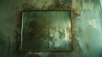 uma ampla manchado espelho suspensão em a parede Está superfície refletindo uma distorcido imagem do a sala. 2d plano desenho animado video