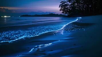 net zo nacht valt de strand transformeert in een zee van leng lichten net zo de bioluminescent plankton licht omhoog de kustlijn het verstrekken van een adembenemend backdrop voor een vredig video