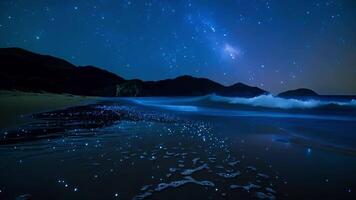 stelle danza nel il cielo sopra mentre il bioluminescente spiaggia sotto si illumina nel un etereo blu tinta. video