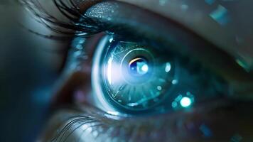 een detailopname van een biohackers oog met een netvlies implantaat dat staat toe hen naar zien in nacht visie. video