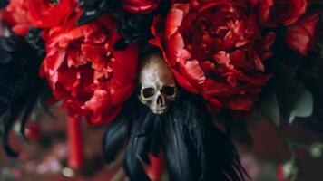 The brides bouquet of red peonies and black feathers with a small intricately carved skull suspended in the center. 2d flat cartoon video