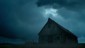 A lone silhouette of a decaying barn its windows shattered and doors creaking in the breeze. 2d flat cartoon video