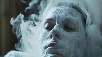 un persona vistiendo un cara máscara en el sauna permitiendo el vapor a tratar profundamente dentro su poros y purificar su piel. video