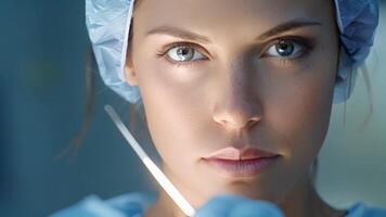 An intense portrait of a surgeon her face focused and determined as she holds a scalpel confidently in her hand. video