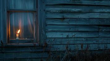 un' solitario candela ardente nel un' finestra di il abbandonato agriturismo nonostante no uno vivente dentro. 2d piatto cartone animato video
