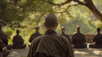 un vislumbrar dentro el mundo de un silencio retirada con pacífico paisaje y un grupo de monjes meditando en unísono. video