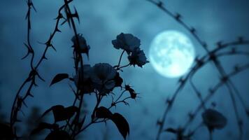 un' mazzo di fioriture illuminato di il Luna staglia contro un' fondale di frastagliato spinato filo un' spettrale Immagine di nature perseveranza. 2d piatto cartone animato video