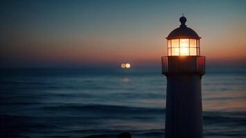 comme le dernier des rayons de lumière du soleil s'estomper le phare des stands grand contre le nuit ciel fournir une réconfortant présence à ceux cherchant une paisible partir. video