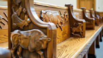 The pews are made of rugged wood carved with intricate designs of horses and bison adding a touch of nature to the Gothic aesthetic. 2d flat cartoon video