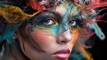 In this portrait the models face is transformed into a canvas of fantasy as the artist uses unconventional materials and techniques to create a whimsical and otherworldly makeup design. video