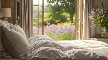 das still Landschaft von sanft schlummert im Lavendel Felder bietet an ein stärkend Erfahrung zum ein friedlich Nächte schlafen. video