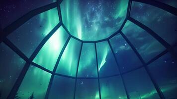 erfarenhet de ren magi av natur förbi sovande under de klar kupol av en glas igloo med de glittrande aurora borealis som din personlig ljus show. video