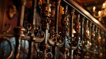 A dusty saloon its ornate brass chandelier casting flickering shadows across a twisted wrought iron railing emblazoned with skulls and spurs. 2d flat cartoon video