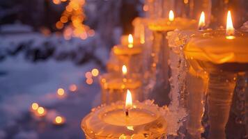 The contrast between the icy sculptures and the warm amber glow of the candles. video