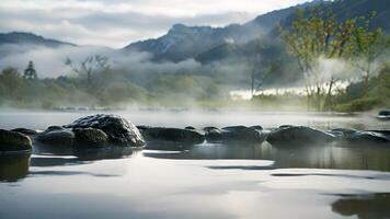 A soothing hot spring surrounded by foggy mountains providing the perfect setting for a peaceful and rejuvenating sleep. video