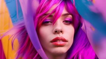 A portrait of a woman with bright pink and purple streaks in her hair surrounded by a background of bold contrasting colors. The use of vibrant hues adds a sense of playfulness to video