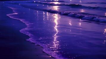 un de luna caminar a lo largo el apuntalar de el mar de luces el agua reflejando el lunas suave resplandor como eso vueltas en contra el iluminado frente a la playa. un tranquilo y surrealista experiencia. video