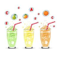 Healthy green, orange and yellow oxygen cocktails with fruit in air bubbles. Isolated illustration on white background. Summer drink for flat design of cards, banner, presentations, logo, poster vector