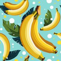 seamless pattern with yellow bananas and green leaves. Isolated illustration on blue background. Summer fruit design for fabric, textiles, bed linen, children's clothing, scrapbooking vector