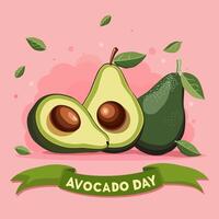 Fresh whole and half cut green avocado with leaves and text. Banner for Avocado Day. Side view clipart isolated on pink background. Summer food illustration in flat style for design for party vector