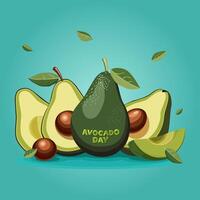 Fresh whole and half cut green avocado with leaves and text. Banner for Avocado Day. Side view clipart isolated on blue background. Summer food illustration in flat style for design for party vector