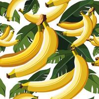 seamless pattern with yellow bananas and green leaves. Isolated illustration on white background. Summer fruit design for fabric, textiles, bed linen, children's clothing, scrapbooking vector