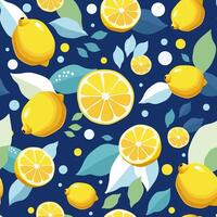 seamless pattern with yellow lemons and green leaves. Isolated illustration on blue background. Summer fruit design for fabric, textiles, bed linen, children's clothing, scrapbooking vector