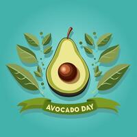 Fresh half cut green avocado with leaves and text. Banner for Avocado Day. Side view clipart isolated on blue background. Summer food illustration in flat style for design for party vector