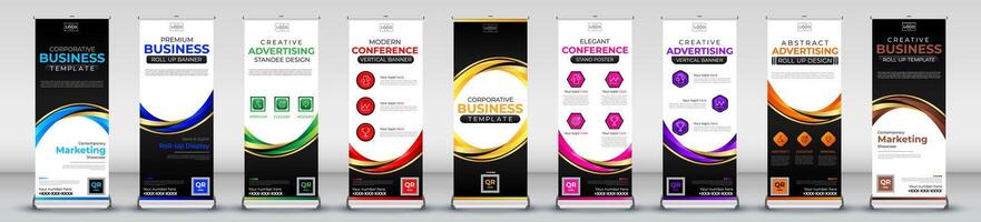 Roll up banner collection for meetings, events, promotions, marketing in light blue, blue, green, red, yellow, pink, purple, orange, brown print ready colours vector