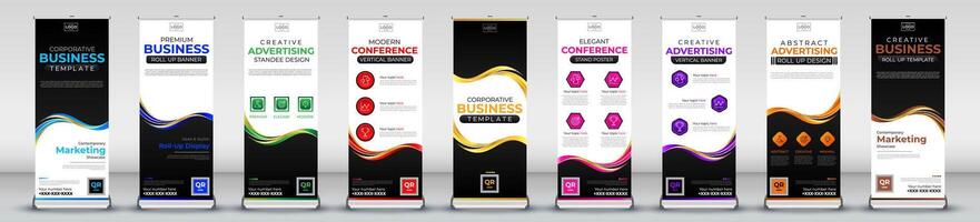 Roll up banner collection for meetings, events, promotions, marketing in light blue, blue, green, red, yellow, pink, purple, orange, brown print ready colours vector