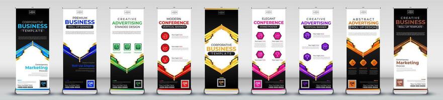 Roll up banner collection for meetings, events, promotions, marketing in light blue, blue, green, red, yellow, pink, purple, orange, brown print ready colours vector