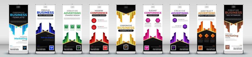 Roll up banner collection for meetings, events, promotions, marketing in light blue, blue, green, red, yellow, pink, purple, orange, brown print ready colours vector