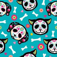 Cute cartoon dog and cat bright seamless pattern. Skeleton cats, dog and flowers. Muertos pattern with skull. Floral skull face. Mexico day dead holiday vector