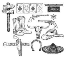 Sketch cowboy items. Western Icons. Wild West set of icons. Cowboy hat, bison skull, cowboy boots, font star, playing cards, a gun and the inscription Saloon vector