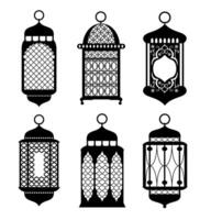 Islamic lantern silhouette flat set. Black Ramadan lanterns. Arabic lamps silhouettes vintage Egyptian Moroccan Dubai eastern lamp for Islamic mosque or Arabian lighting vector