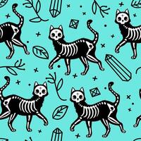 Seamless pattern with cute cat skeletons and flowers and crystals. Cat Skull bone skeleton. Many witchcraft cats. Ghost Halloween, Day of the Dead vector