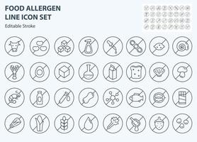 Allergen ingredients line icons. Product free allergen ingredient symbols. Gluten free, sugar, lactose, hormone, without peanut, no soy, fat minimal vector