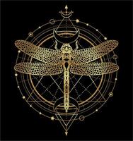 sagrado geométrico modelo y mano dibujado libélula. libélula tatuaje. místico símbolos y insectos bosquejo. alquimia, astrología, religión, ocultismo, espiritualidad. oro en negro vector