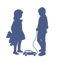Boy with toy car and girl with teddy bear. Silhouette. Boy and girl are talking and playing together. Little friends vector