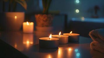 Aromatherapy candles flickering in the low light of the massage room creating a soothing atmosphere and adding to the sensory experience. video