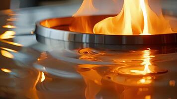 un de cerca Disparo de el elegante fuego mesa con sus pulido superficie reflejando el calentar resplandor de el fuego. video
