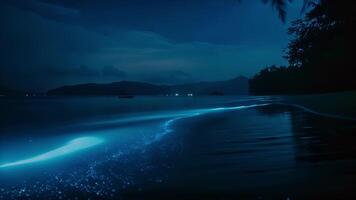 en medio de el oscuridad de el noche el bioluminiscente playa brilla con un místico resplandor atractivo viajeros a sumergirse sí mismos en sus magia. video