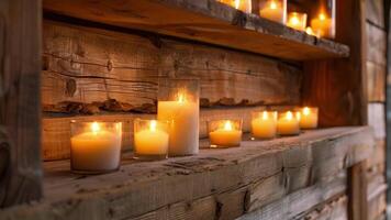 In a rustic cabin alcoves built into the wooden walls hold candles of various sizes creating a rustic and romantic atmosphere. video
