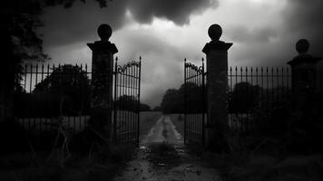 The darkness behind the gothic gates seemed to swallow all light as if the ranch held some dark ancient power within its grounds. 2d flat cartoon video
