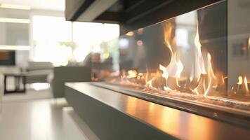 The sleek and stylish fireplace enclosed in clear glass adds a touch of luxury to the chic living space. video