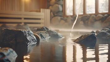 uma pacífico e sereno configuração com indivíduos levando voltas derramando água sobre quente sauna pedras liberando vapor e criando uma refrescante teutico atmosfera. video